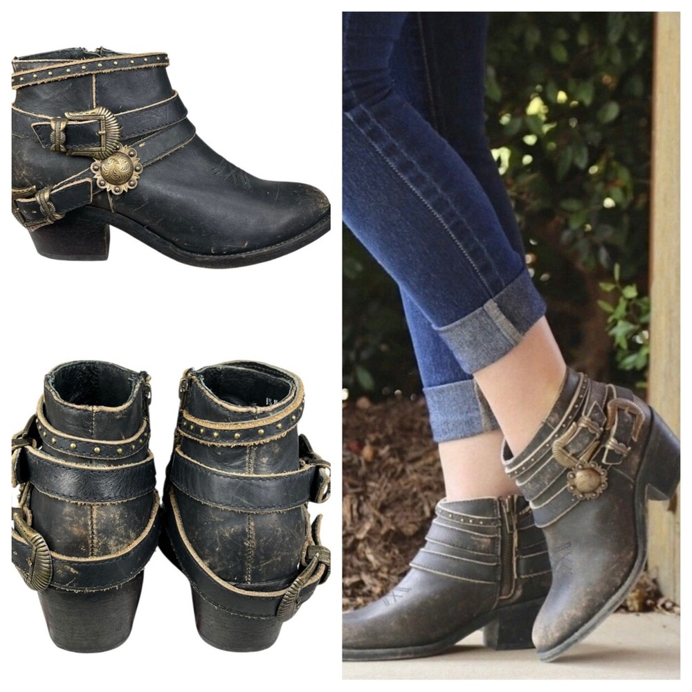 Women's Black Distressed Ankle Booties with Decorative Buckles